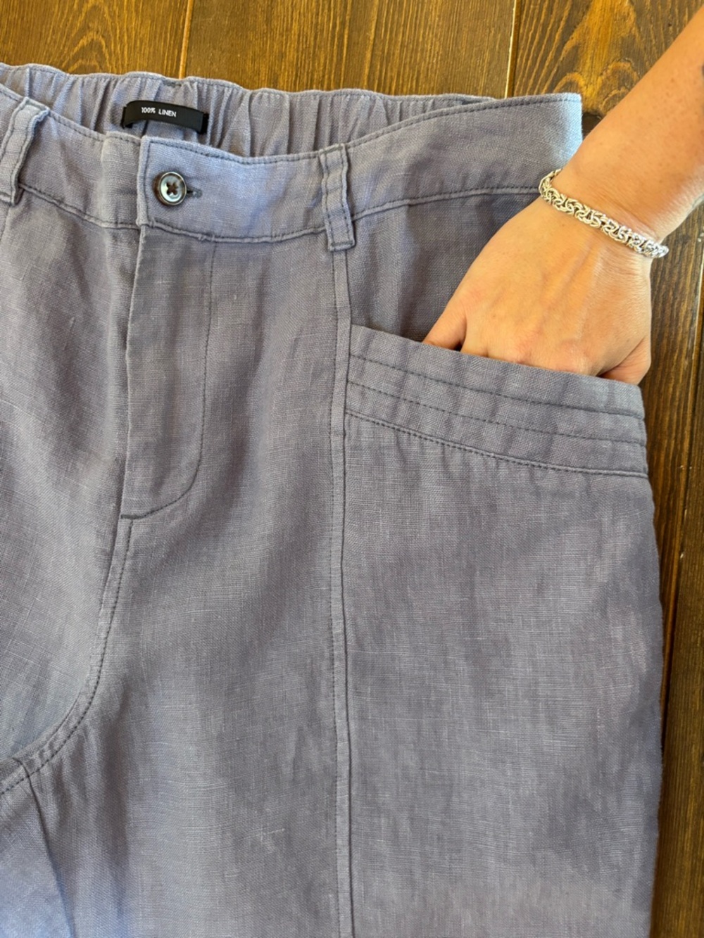 Nicole Miller 100% Linen Natural, Relaxed Fit Pants Large Slate Blue Gray Crop - Picture 6 of 10